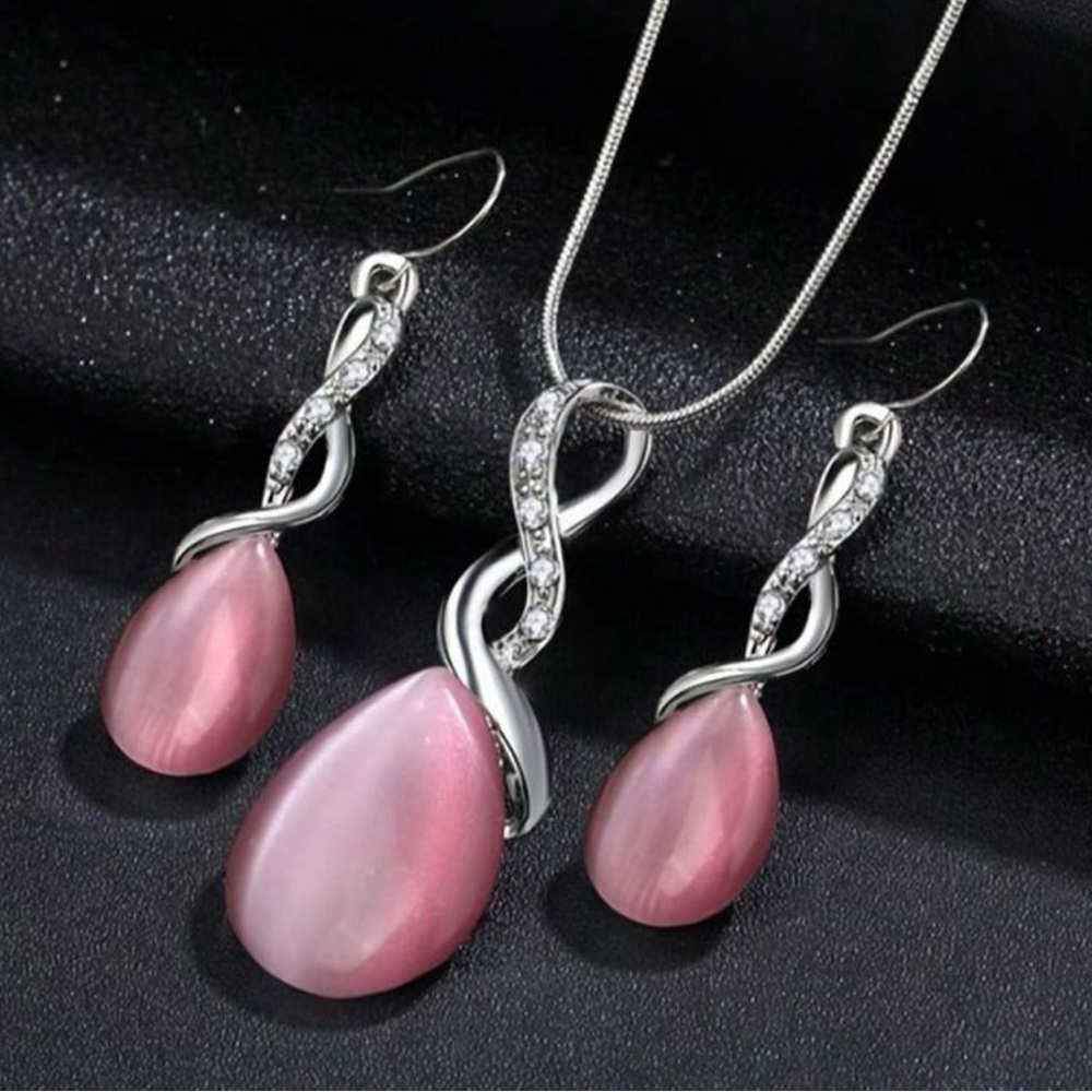 Elegant faux diamond Cats Eye Pink and Silver Drop Jewelry Set